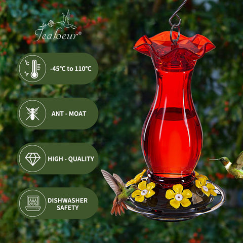 Jealoeur hummingbird feeder with ant moat keeps nectar accessible.