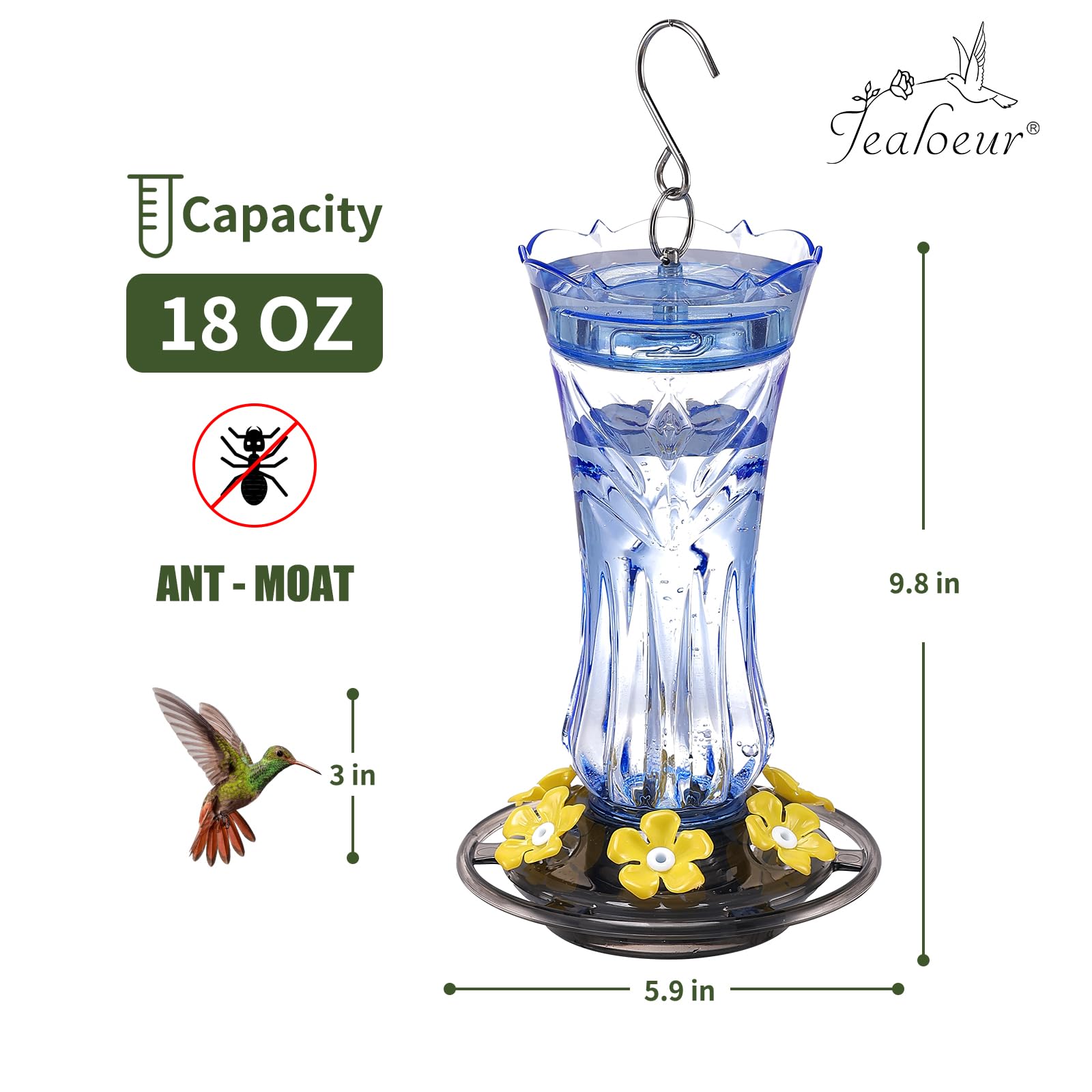 Jealoeur hummingbird feeder features ant moat and 3mm ports to deter intruders.