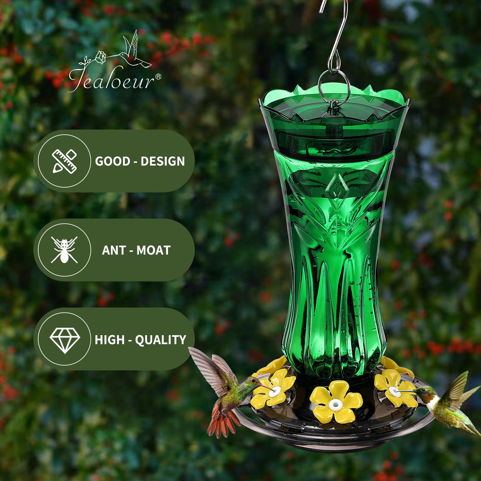 Jealoeur hummingbird feeder features 6 ports for shared feeding.