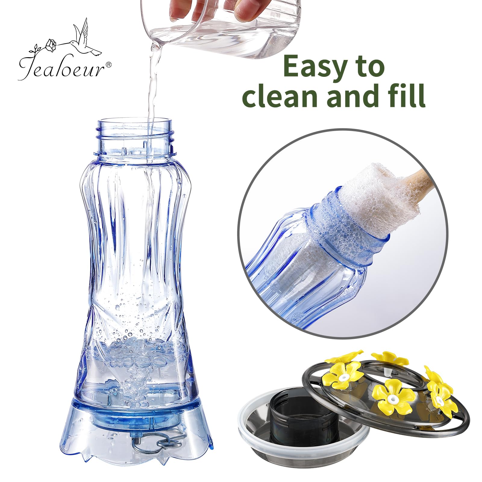 Dishwasher-safe, unbreakable Jealoeur hummingbird feeder for durable outdoor use.