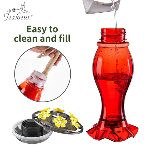 Jealoeur hummingbird feeder uses unbreakable, dishwasher-safe materials.