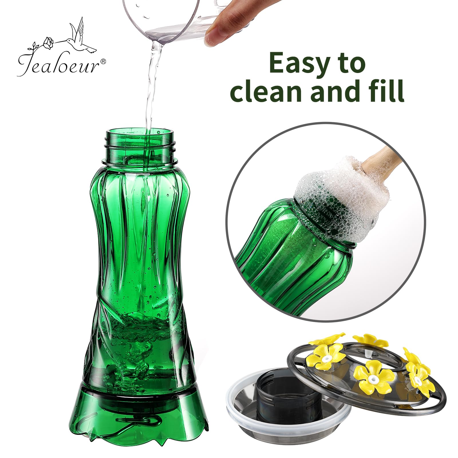 Jealoeur hummingbird feeder leak-proof seal simplifies refills outdoors.