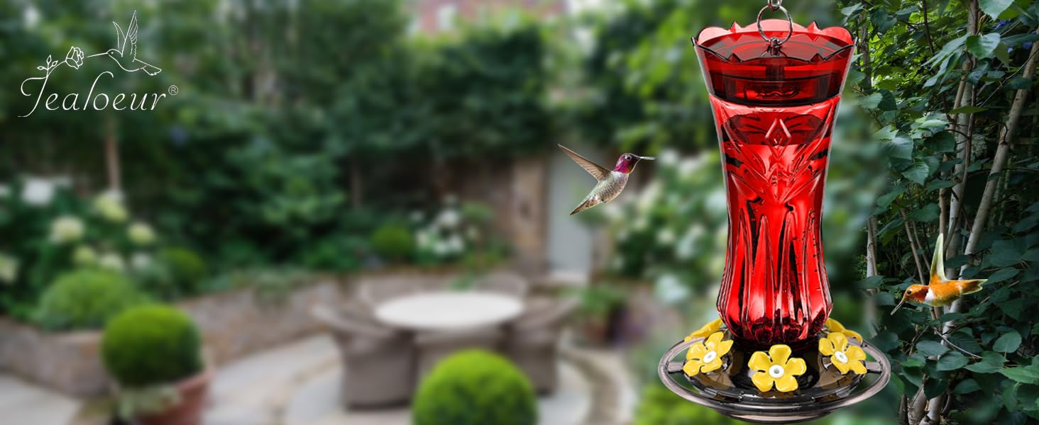 Jealoeur red feeder adds vibrant color to garden decor