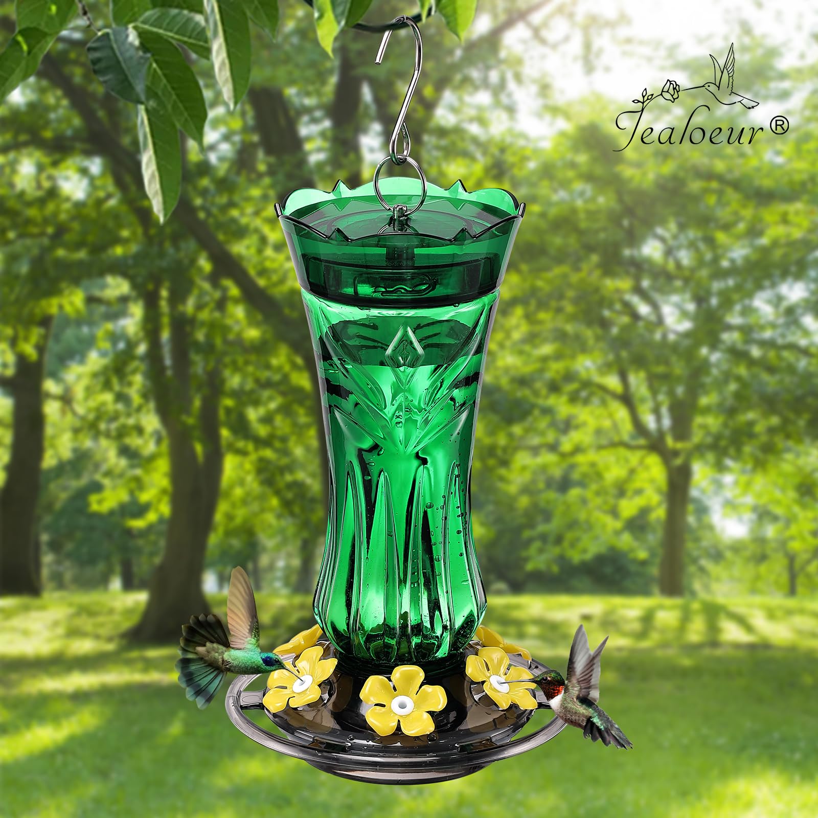 Jealoeur hummingbird feeder green blends with garden décor.