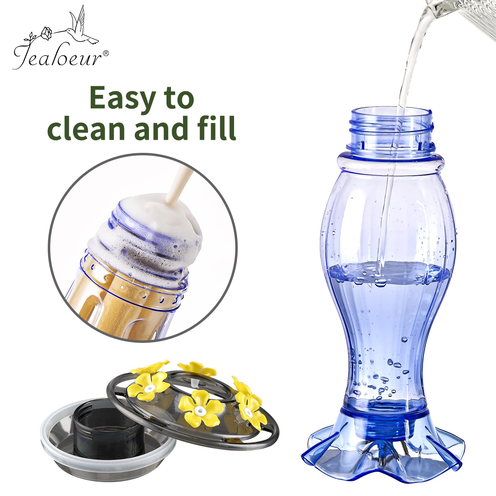 Jealoeur feeder with 3 mm mouth and seal reduces leaks.