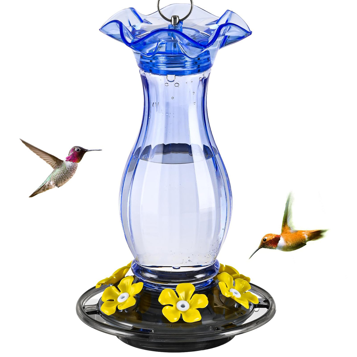 Jealoeur hummingbird feeder in blue, hanging outdoors for panoramic viewing.