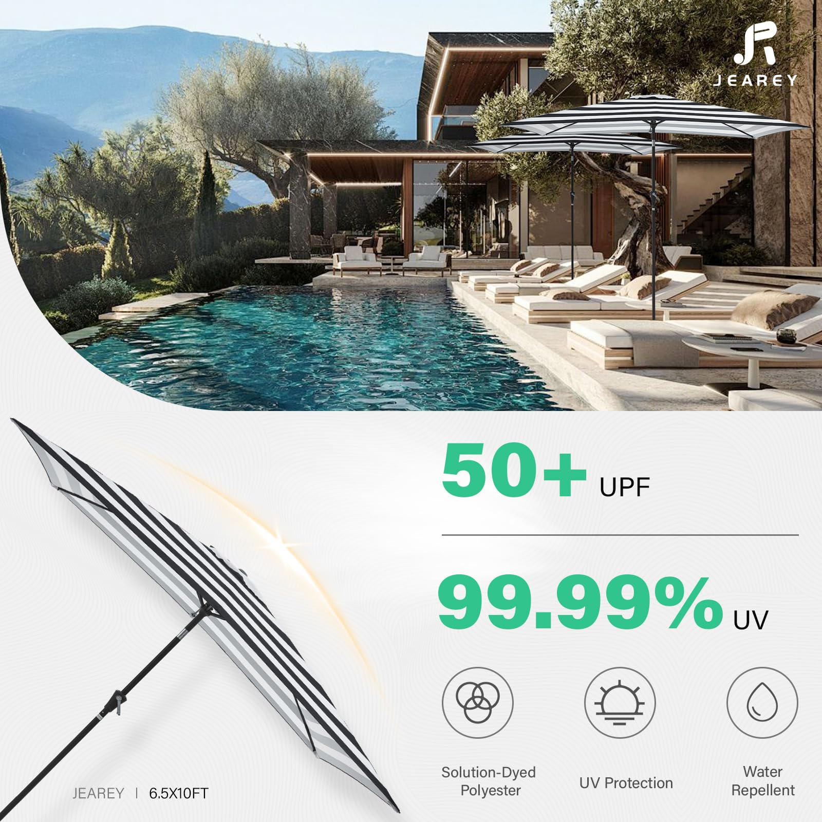 JEAREY 6-rib sturdy frame supports reliable poolside shade.