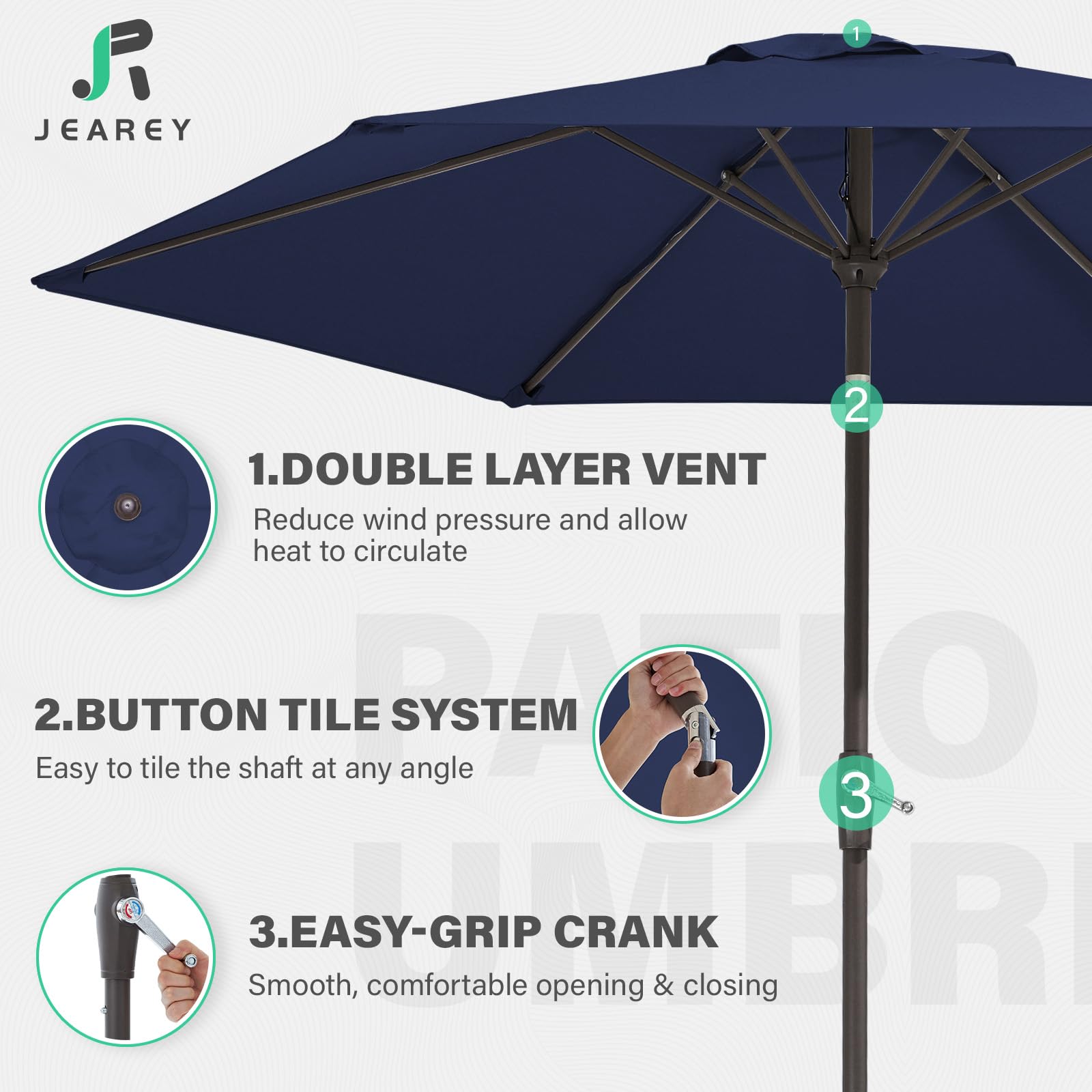 JEAREY 7.5ft iron-pole umbrella highlights durable, stable shade.