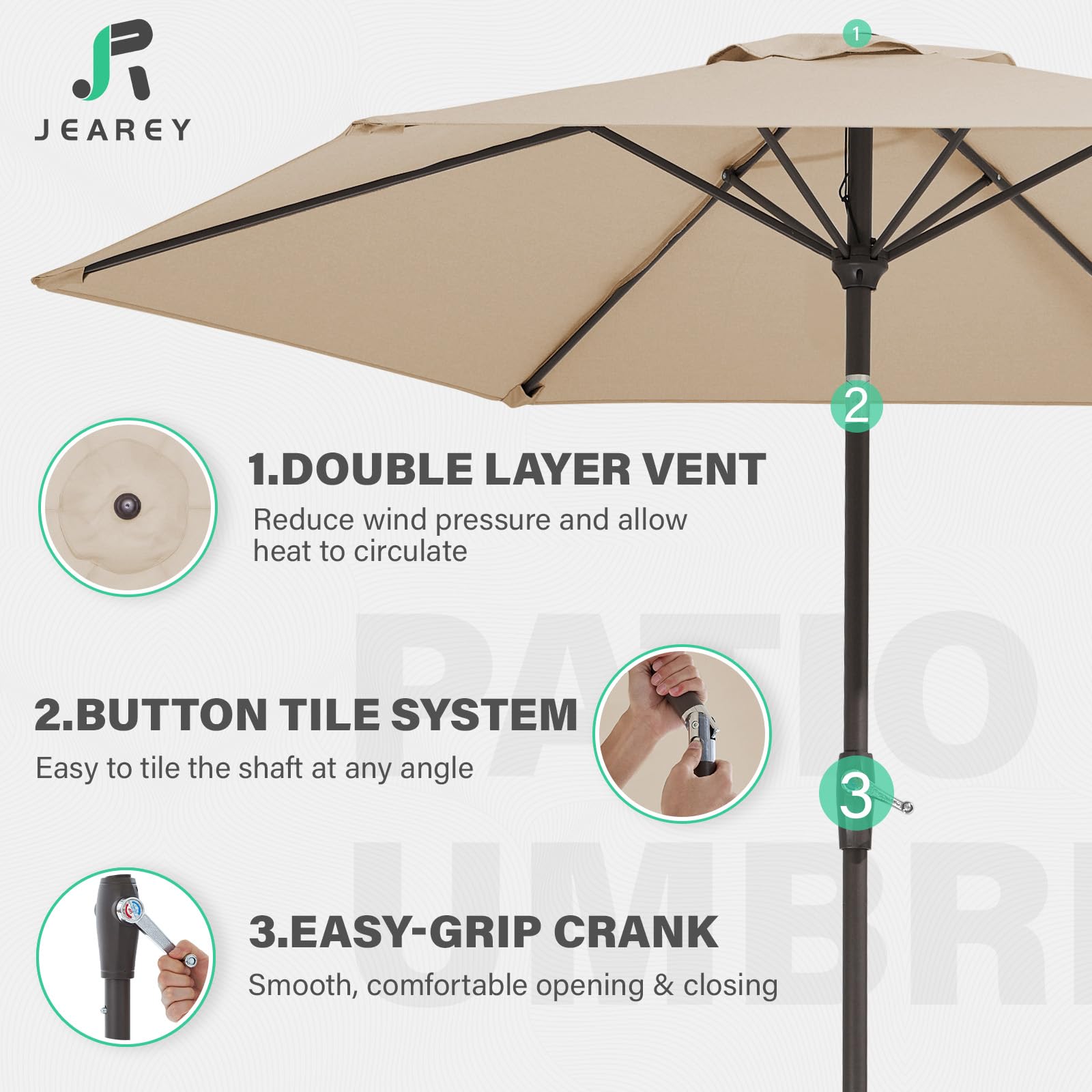 JEAREY 7.5ft patio umbrella six-ribs provide sturdy shade support