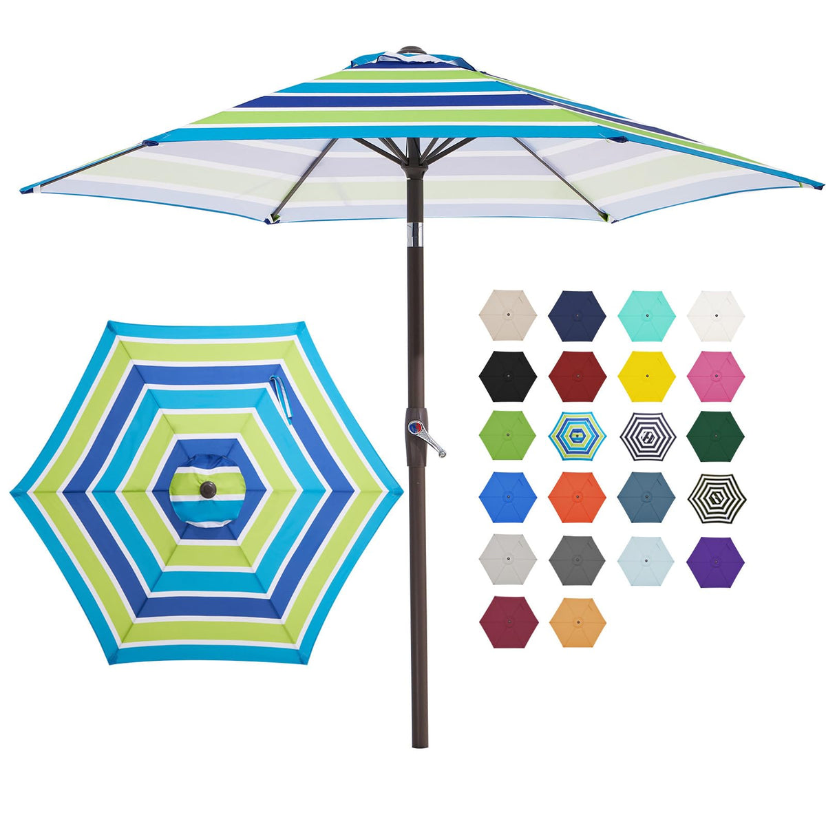 JEAREY 7.5ft patio umbrella tilted to adjust shade for sunny outdoor dining.