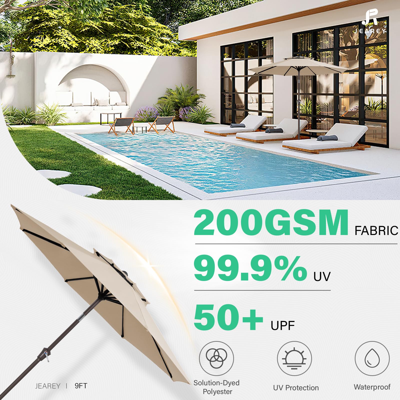 JEAREY eight-rib frame provides sturdy, wind-resistant support