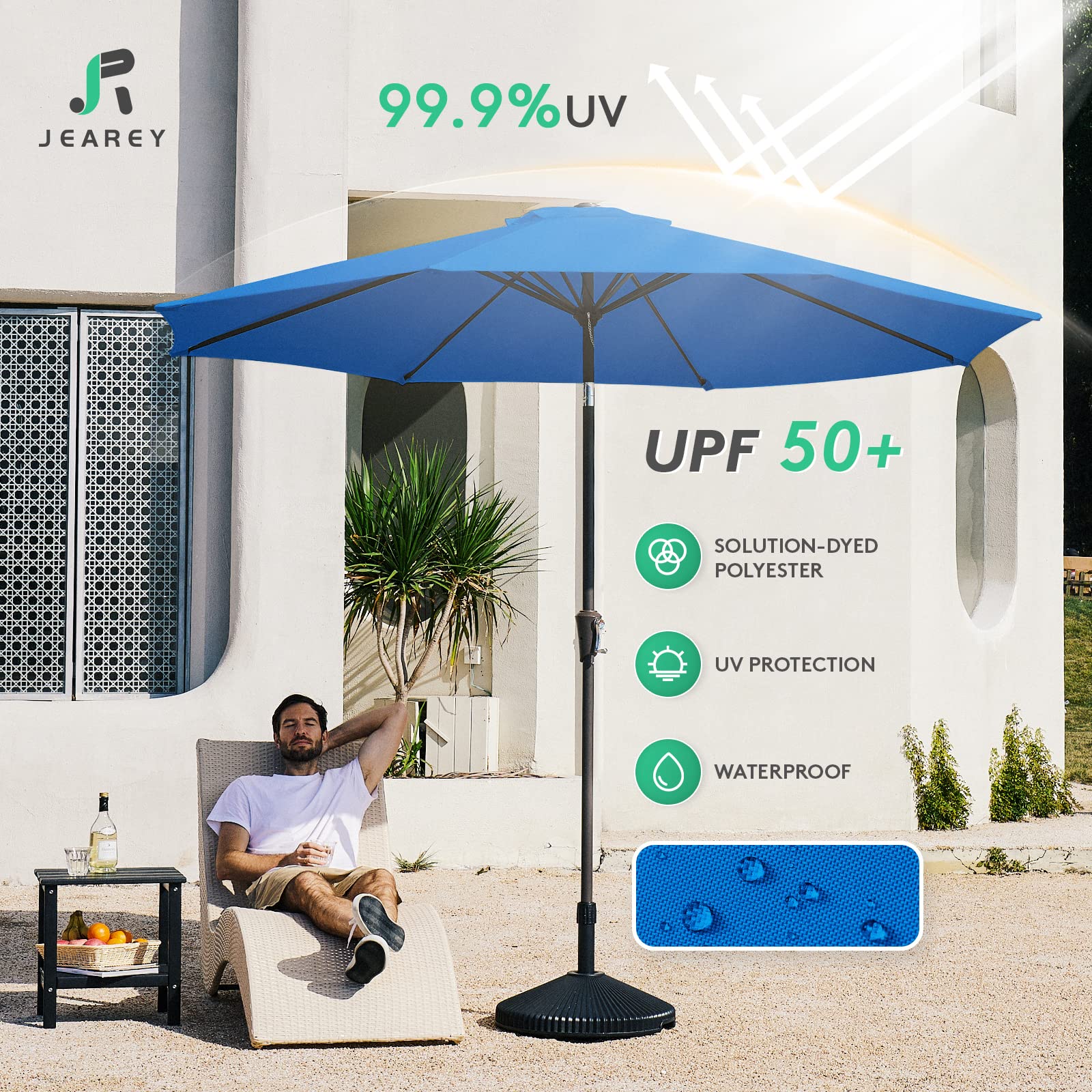 Sturdy 8-rib frame supports stability in windy conditions.