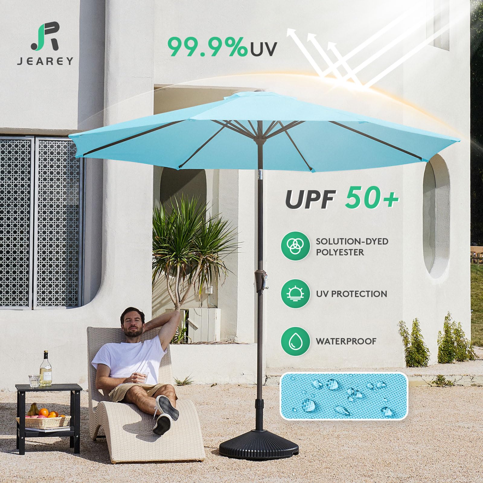 JEAREY 9FT umbrella with eight ribs and iron pole for durability.