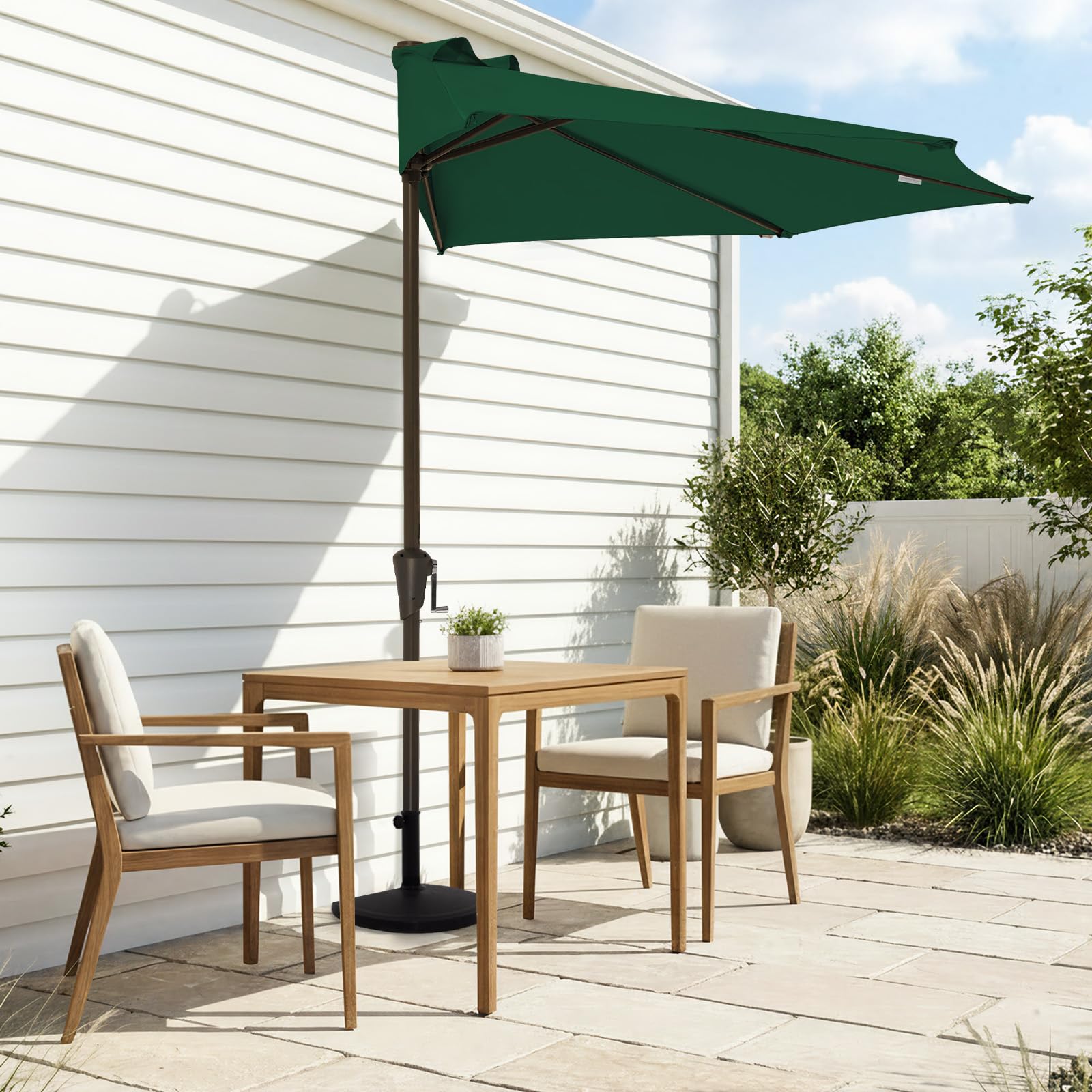 JEAREY 9ft half umbrella side view shows compact footprint