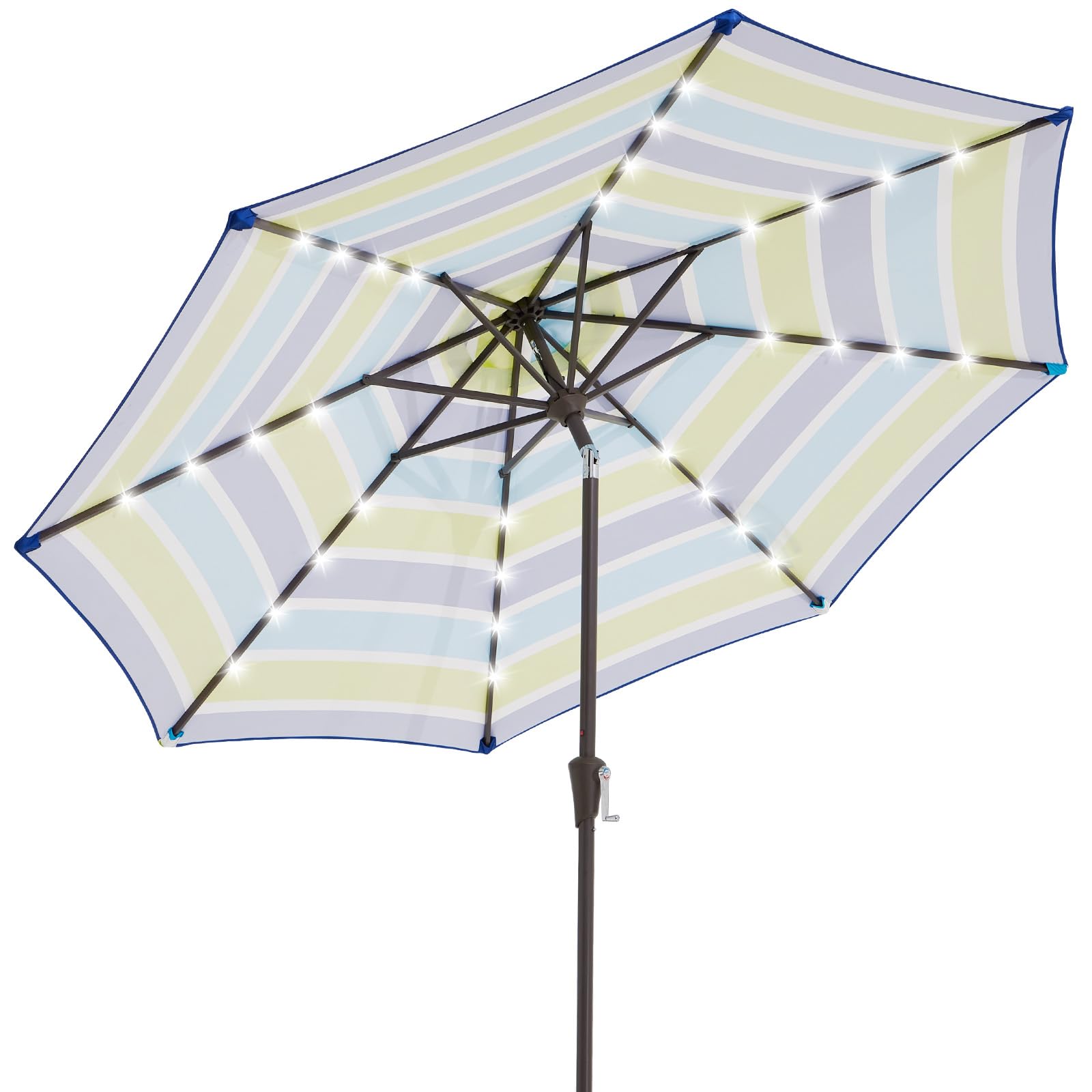 JEAREY 9ft umbrella with blue-green stripes provides broad shade for outdoor dining.