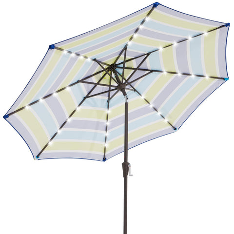 JEAREY 9ft umbrella with blue-green stripes provides broad shade for outdoor dining.
