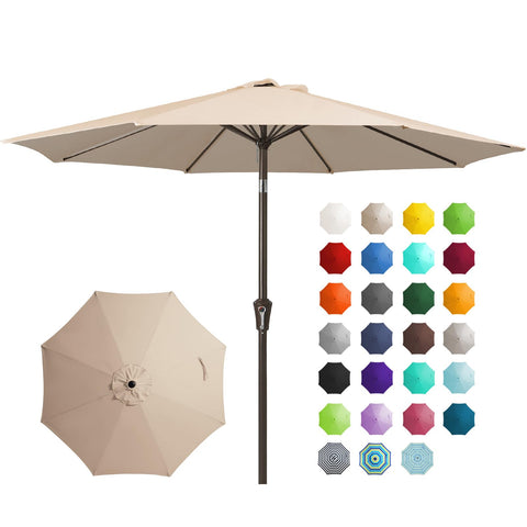 JEAREY 9ft outdoor umbrella canopy shading a dining set in sun.