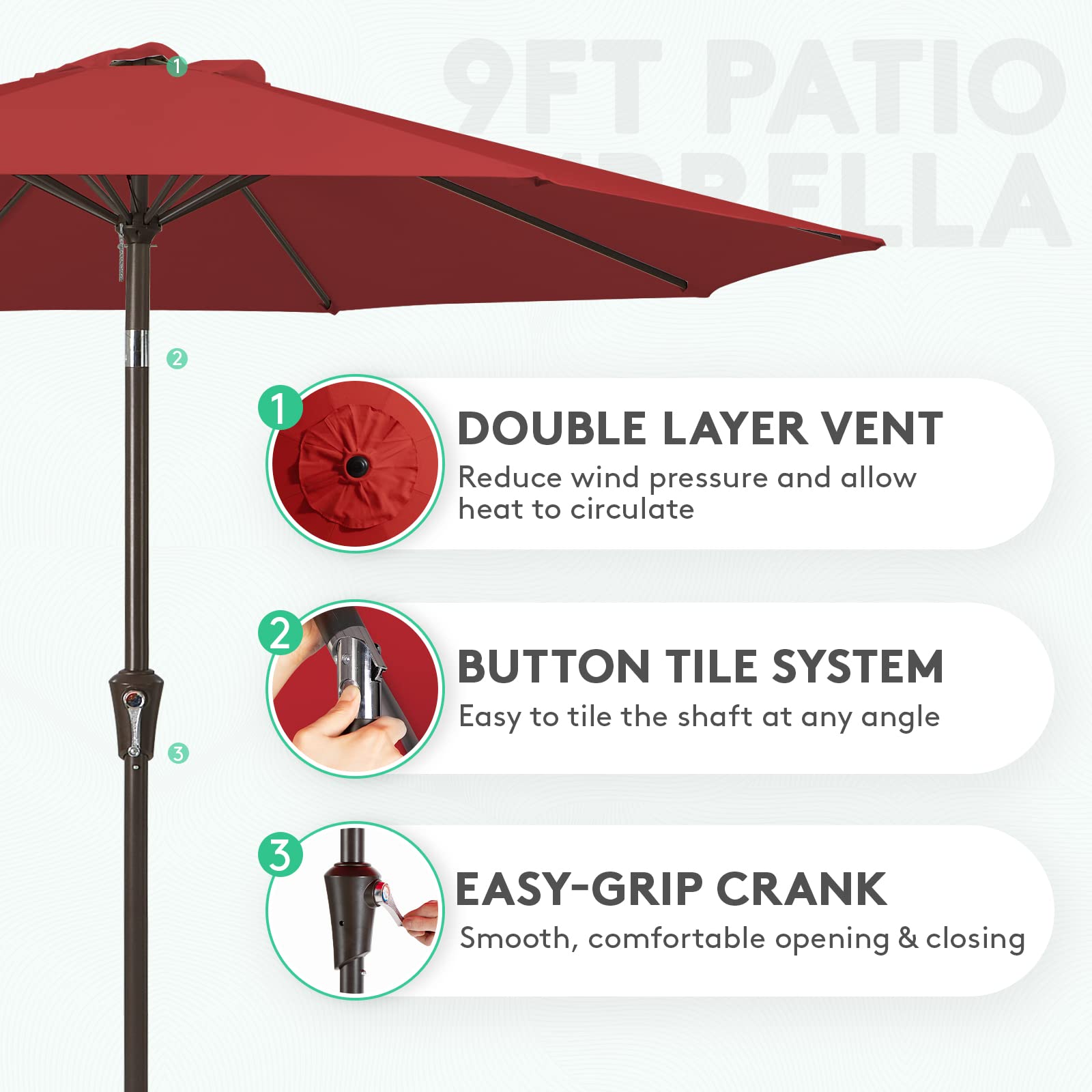 JEAREY 9ft umbrella crank tilt function demonstrating adjustable shade