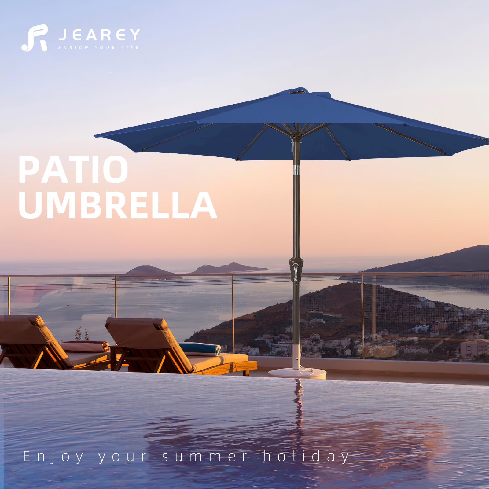 JEAREY 9ft setup fits garden, deck, and poolside spaces.