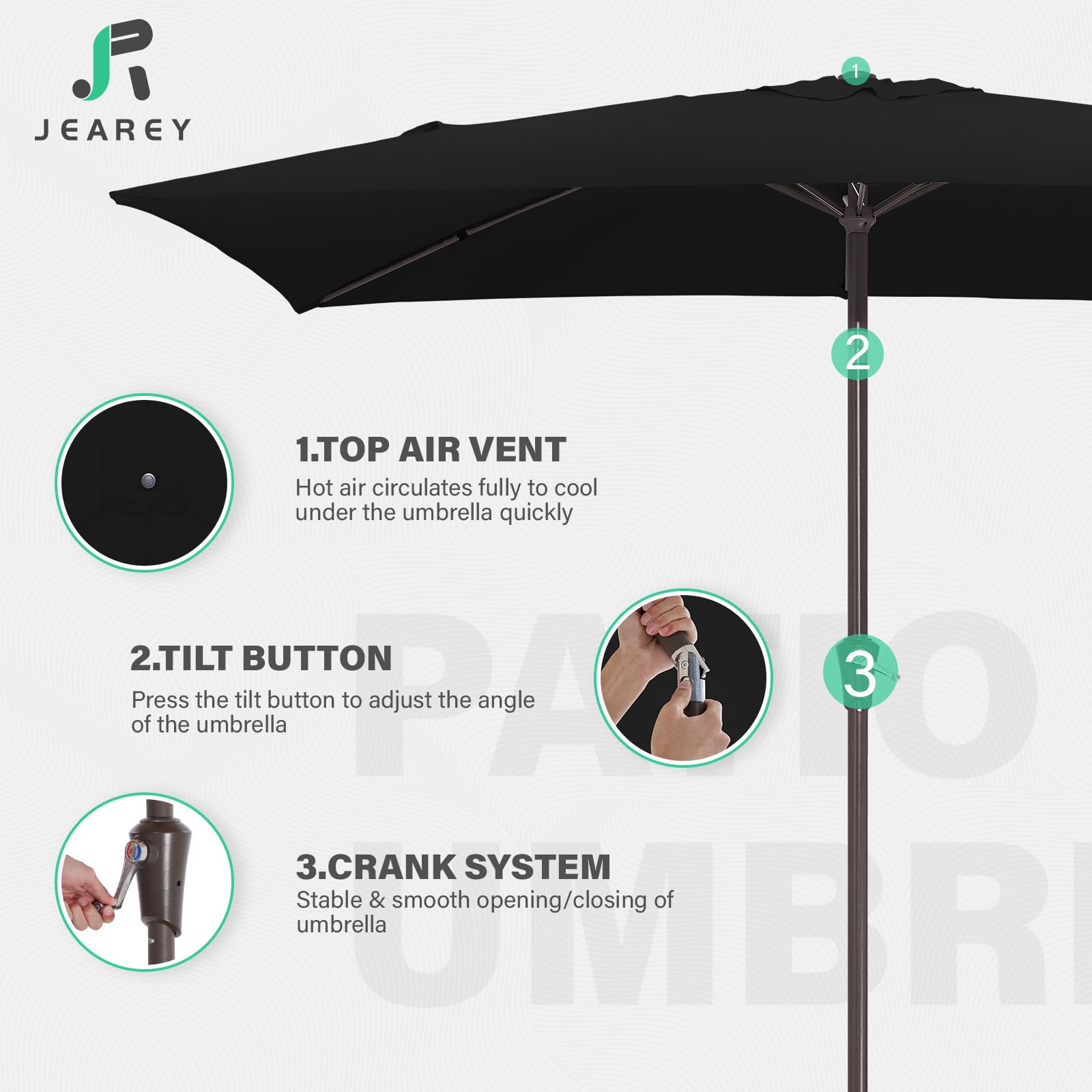JEAREY UV-coated fabric for all-weather use and sun protection.