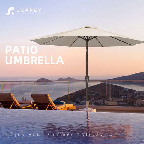 JEAREY beige 9ft umbrella suited for garden, deck, or pool.