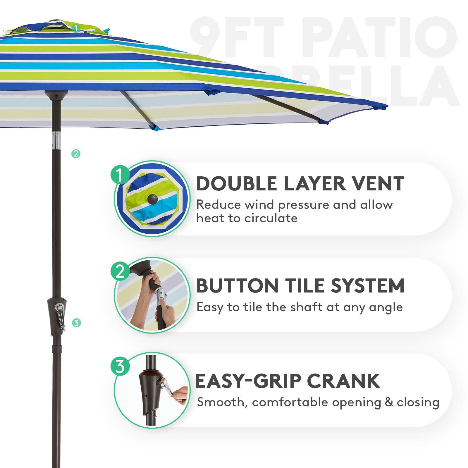 JEAREY blue-green striped canopy offers UV protection.