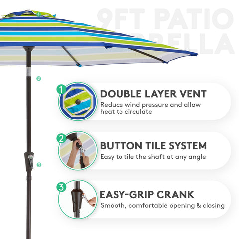 JEAREY blue-green striped canopy offers UV protection.