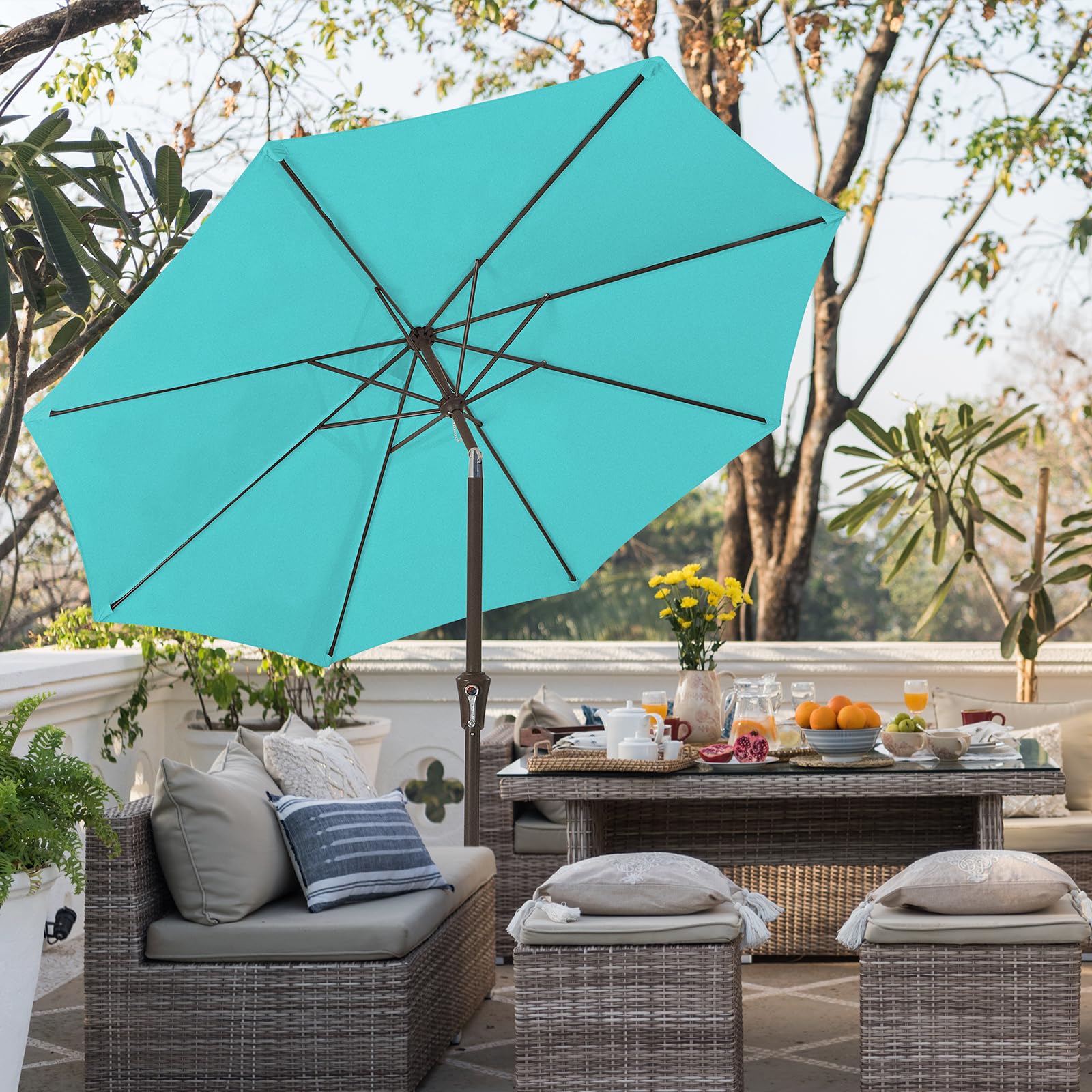 UV-resistant, water-repellent canopy protects against sun and rain.