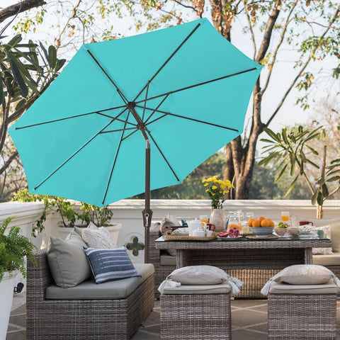 UV-resistant, water-repellent canopy protects against sun and rain.