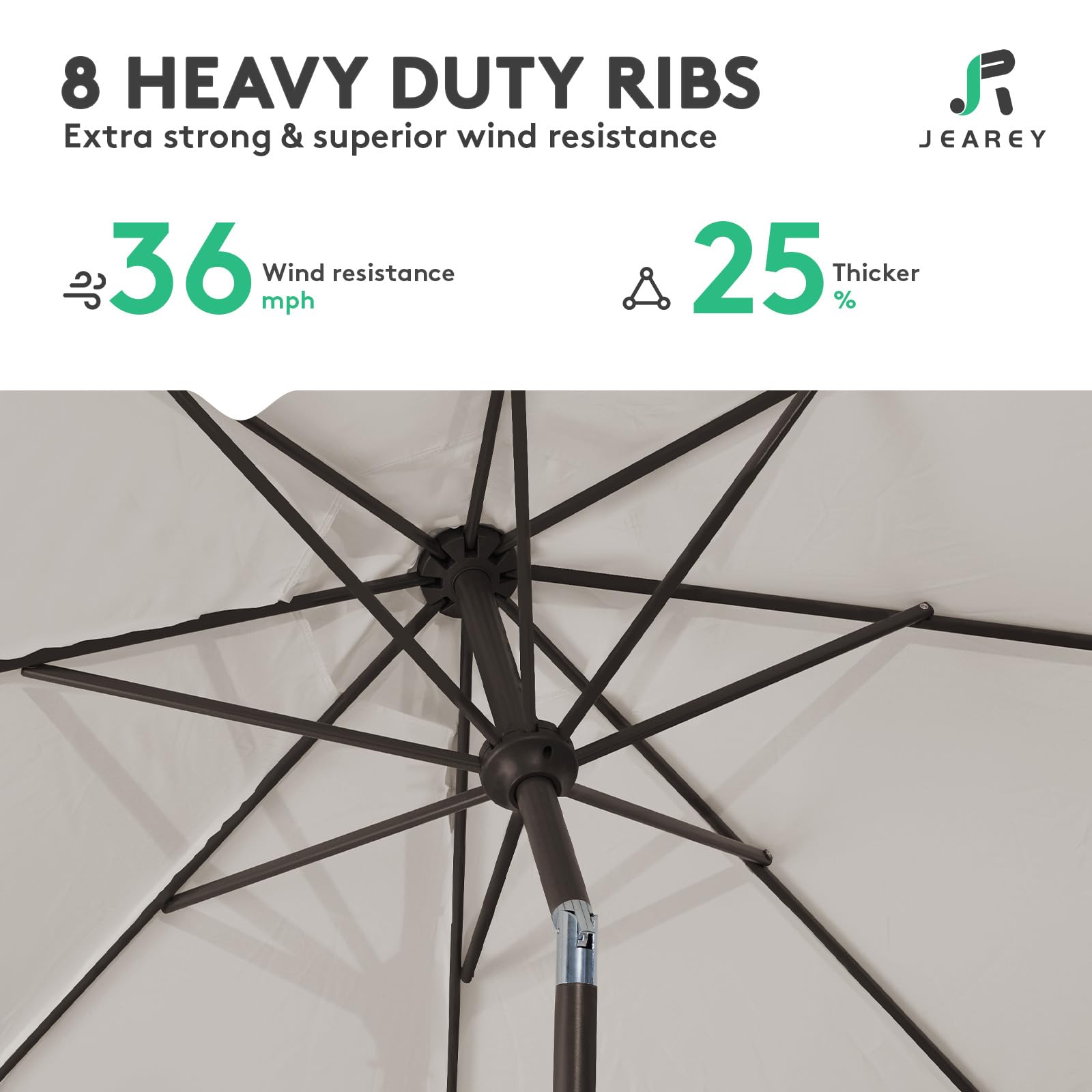 JEAREY fog-gray canopy blends with outdoor spaces and reduces glare.