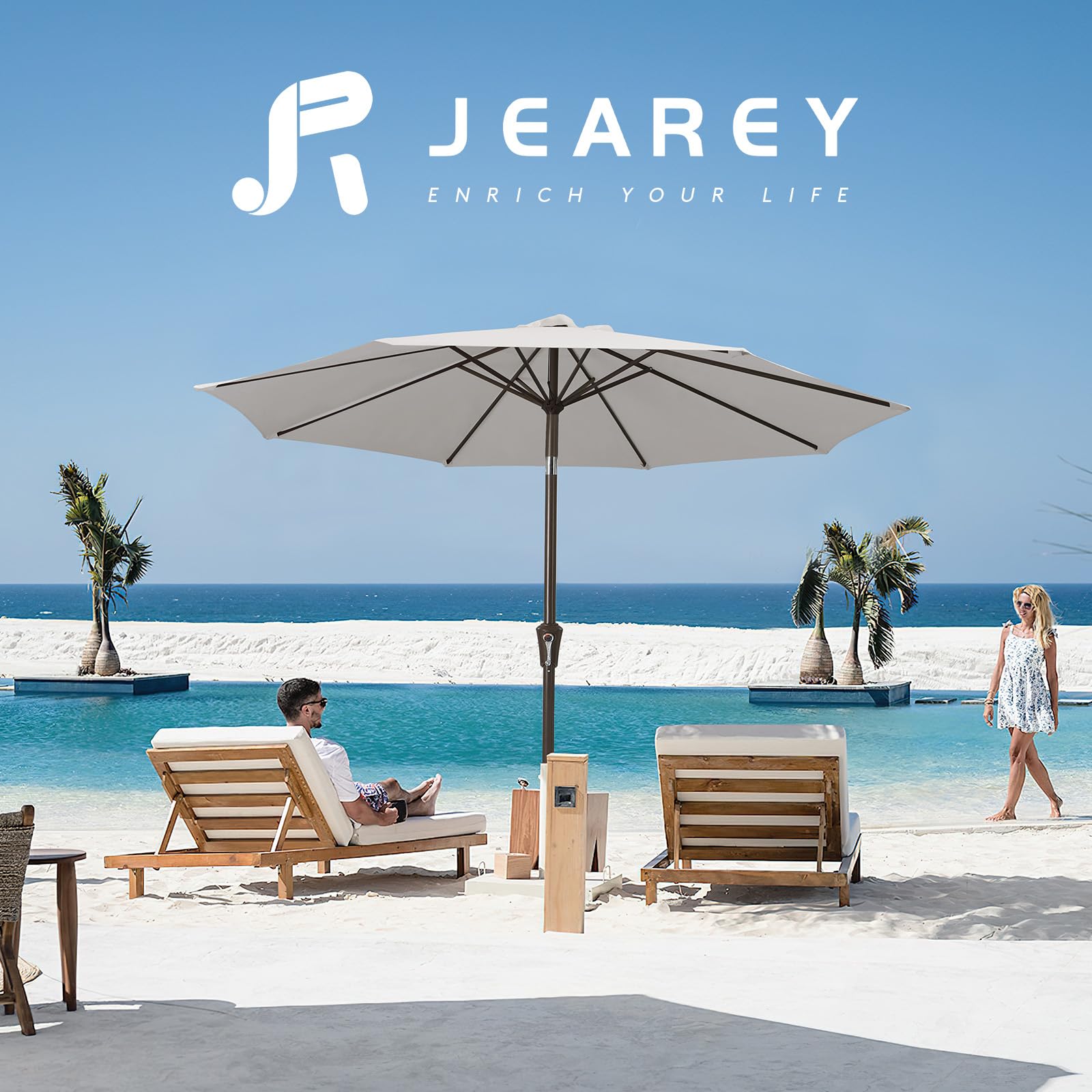 JEAREY 9ft umbrella ideal for garden, deck, poolside comfort.