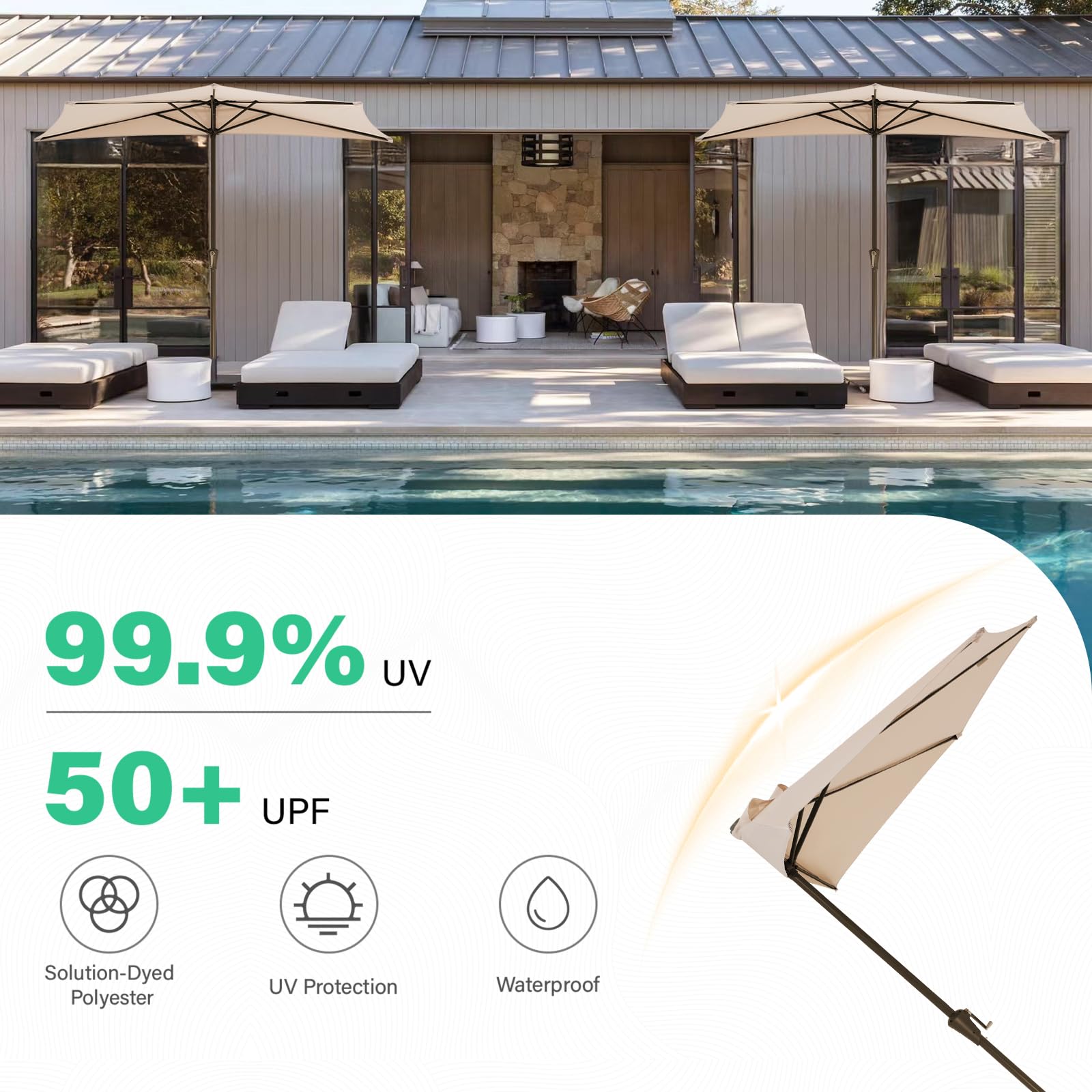 JEAREY beige outdoor patio umbrella adding shade to poolside area