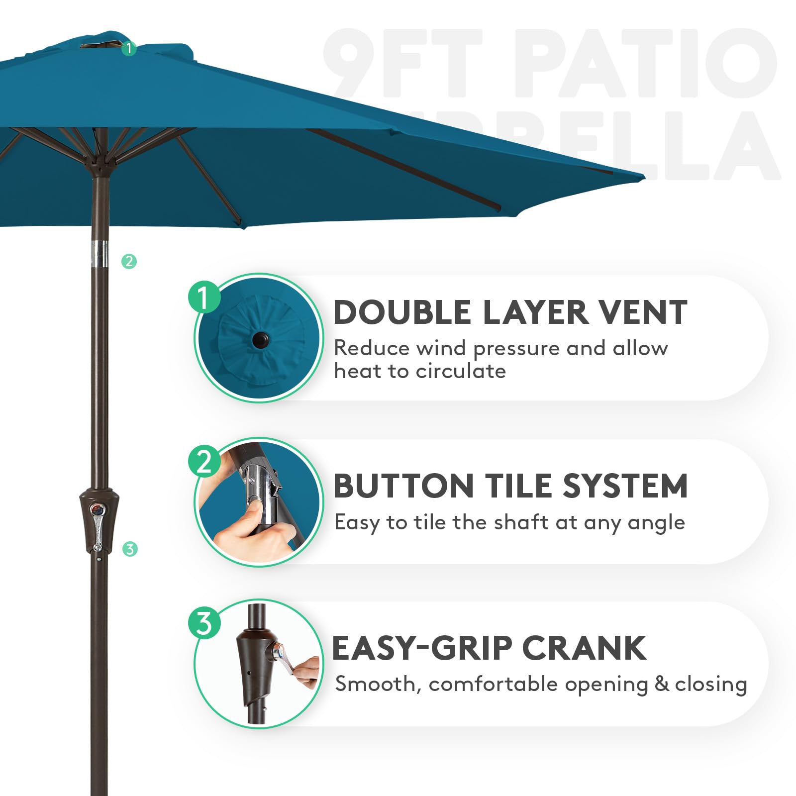 JEAREY outdoor umbrella crank system enables easy opening and positioning.