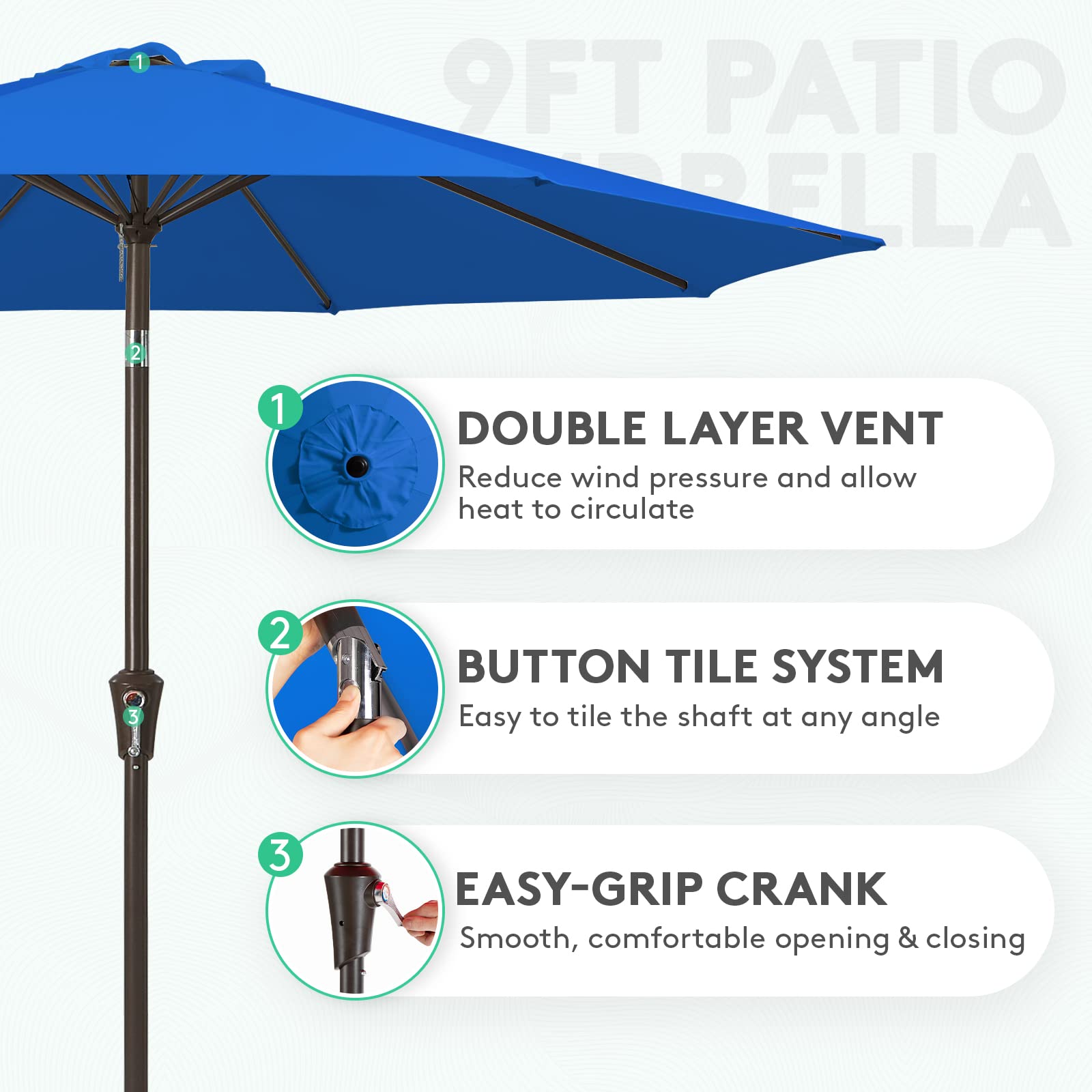 JEAREY umbrella with crank tilt system for easy shade adjustments.
