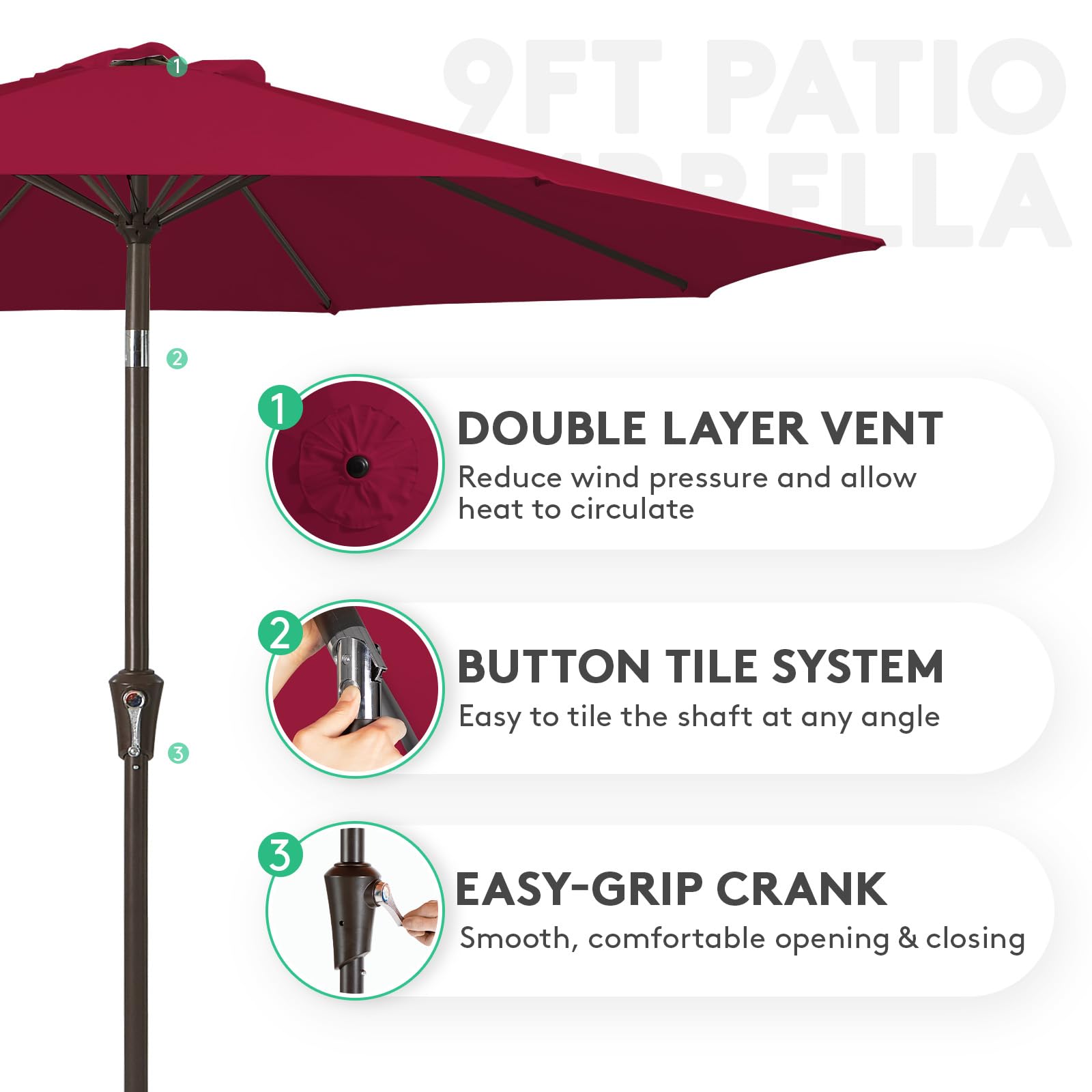 JEAREY outdoor umbrella crank-tilt system demonstrates easy adjustment.