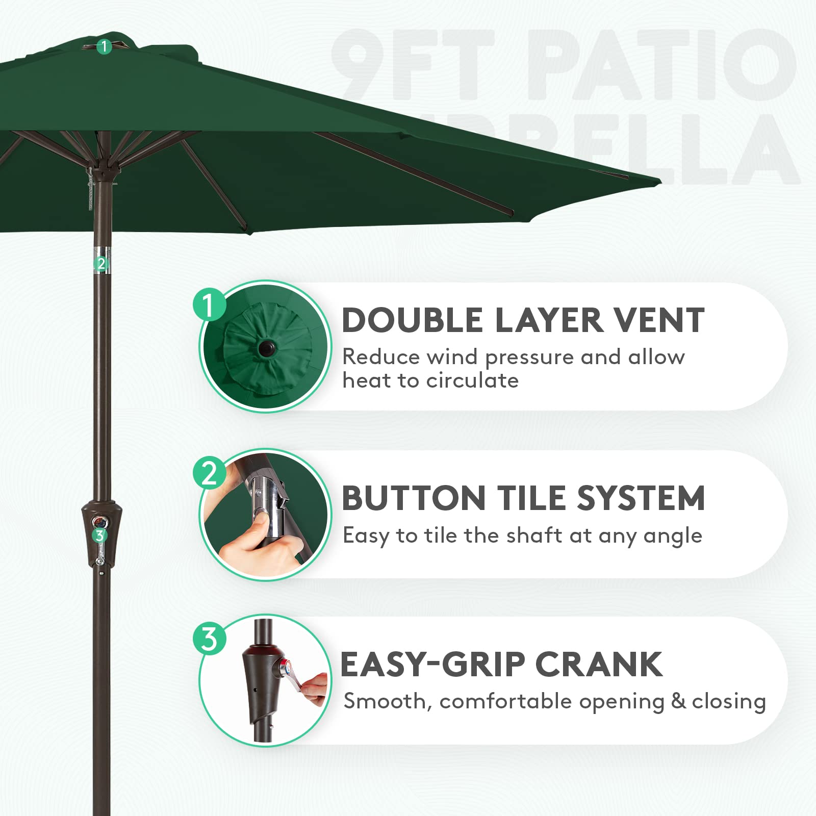 JEAREY outdoor umbrella with crank tilt for easy shade adjustment.