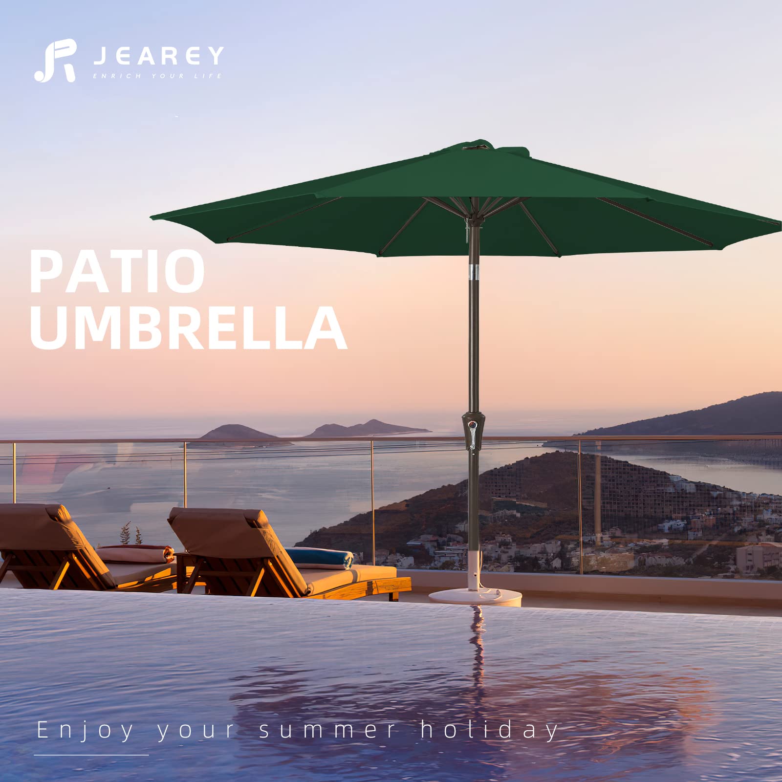 JEAREY patio umbrella for garden, deck, pool, or cafe spaces.