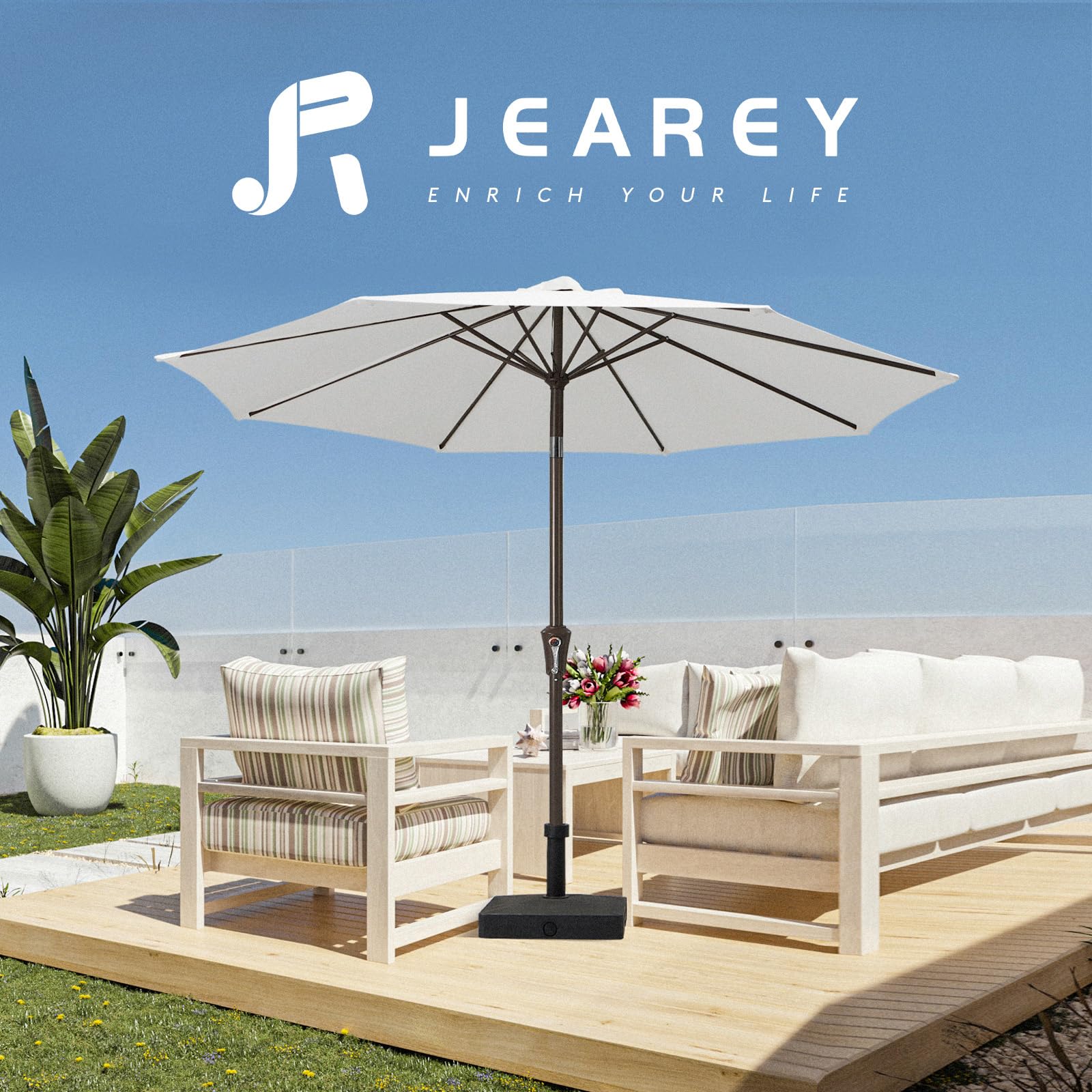 JEAREY poolside umbrella setup showing easy arrangement for shade.