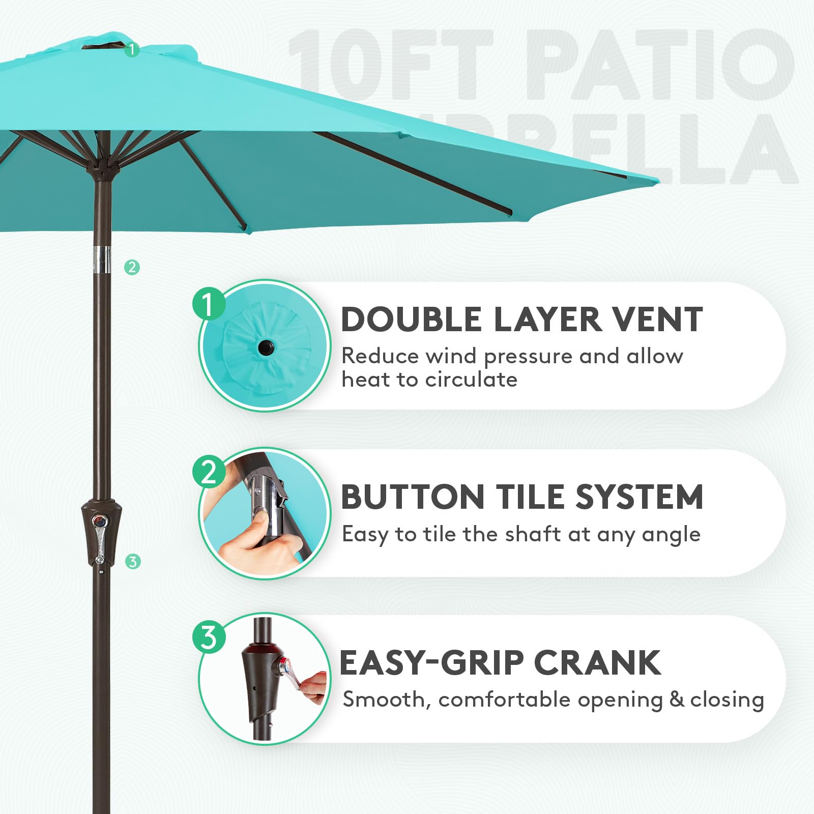 JEAREY push-button tilt umbrella for easy angle adjustments and extended shade.