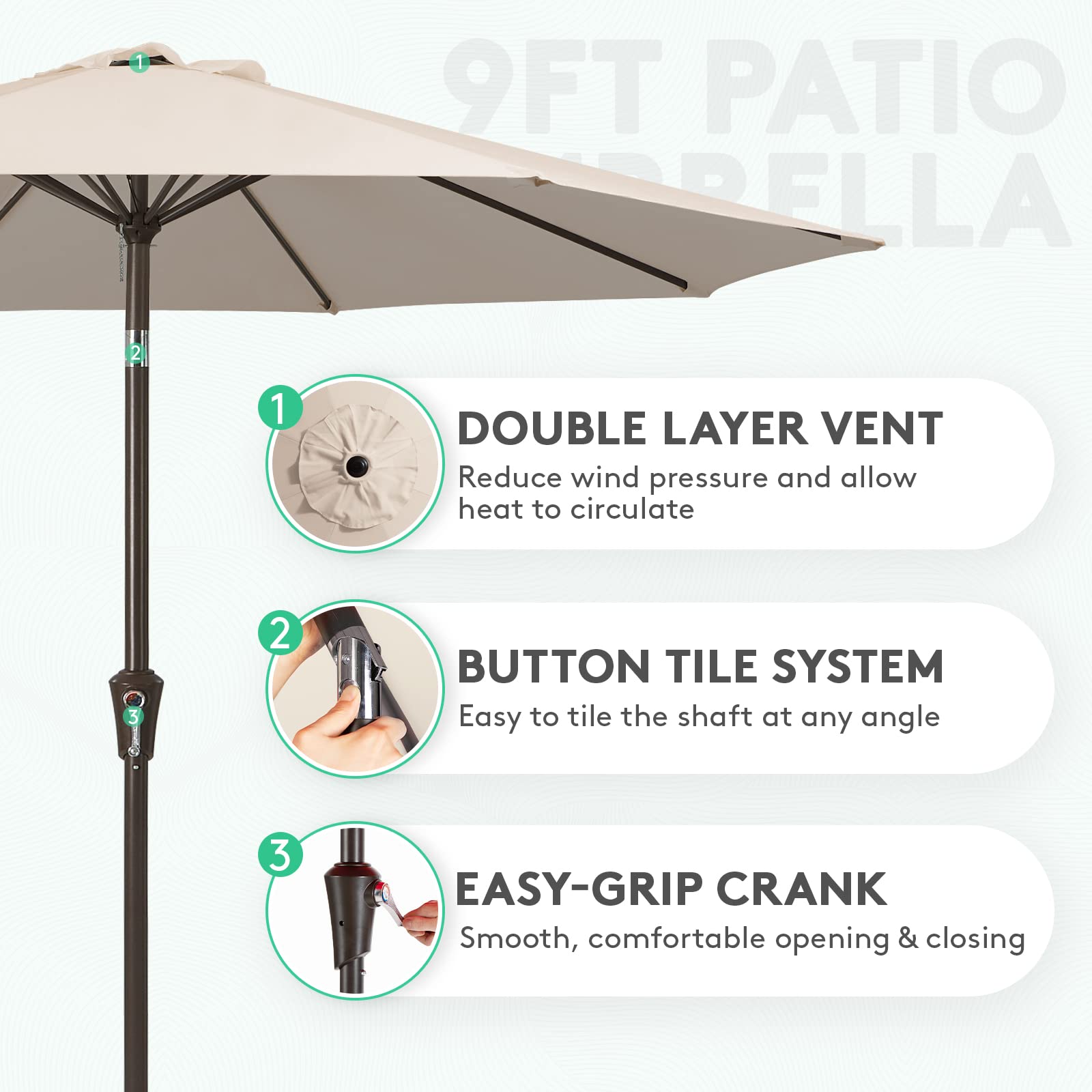 JEAREY push-button tilt umbrella providing adjustable shade.