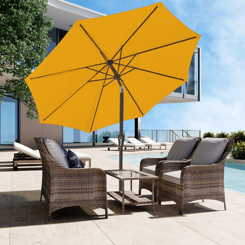 Push-button tilt on JEAREY umbrella for adjustable shade angles.