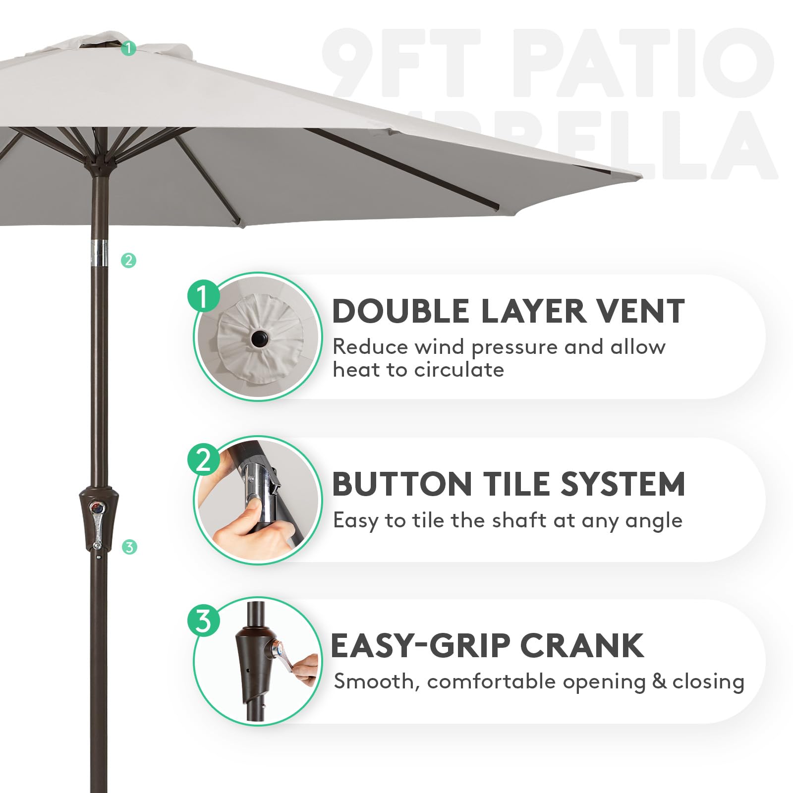 JEAREY umbrella with push-button tilt offers adjustable shade.