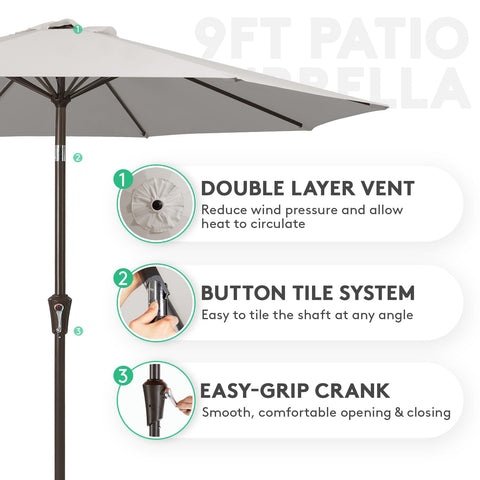 JEAREY umbrella with push-button tilt offers adjustable shade.