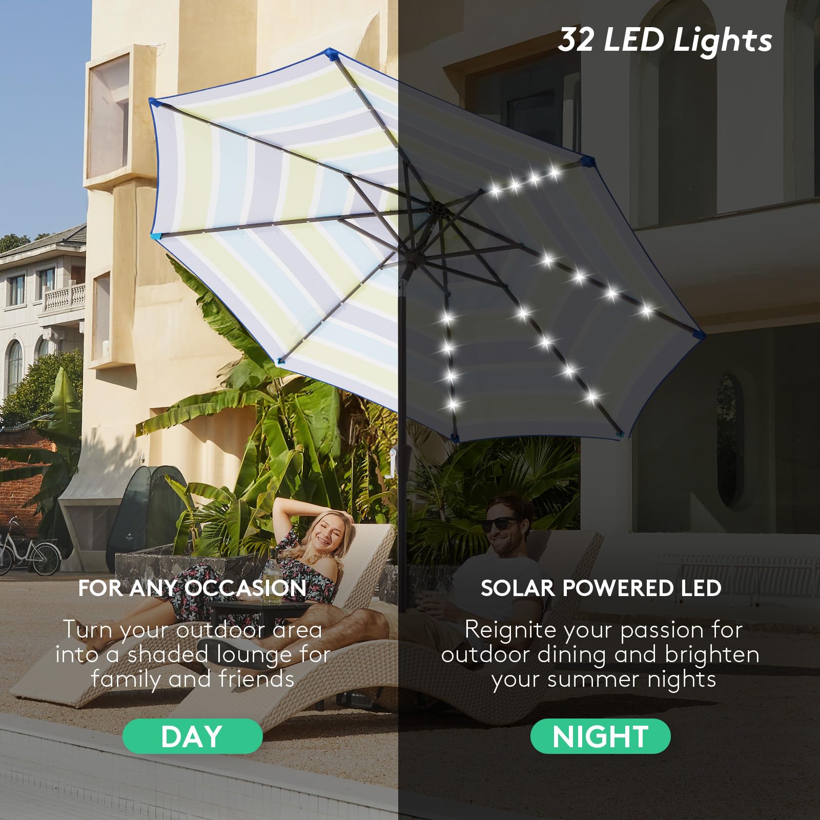 JEAREY solar LED lights illuminate evening gatherings under the canopy.