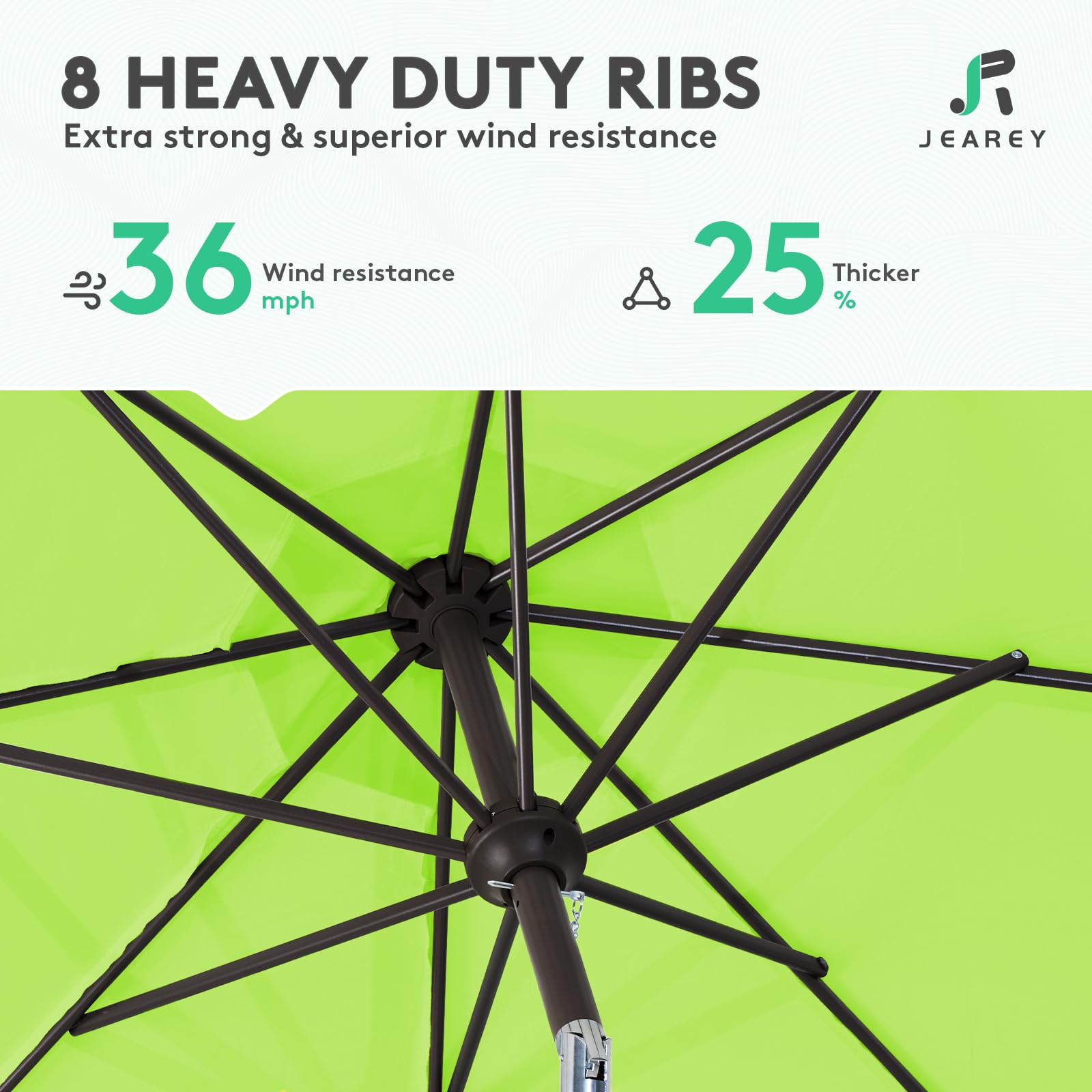 JEAREY powder-coated iron pole and eight ribs provide durability.