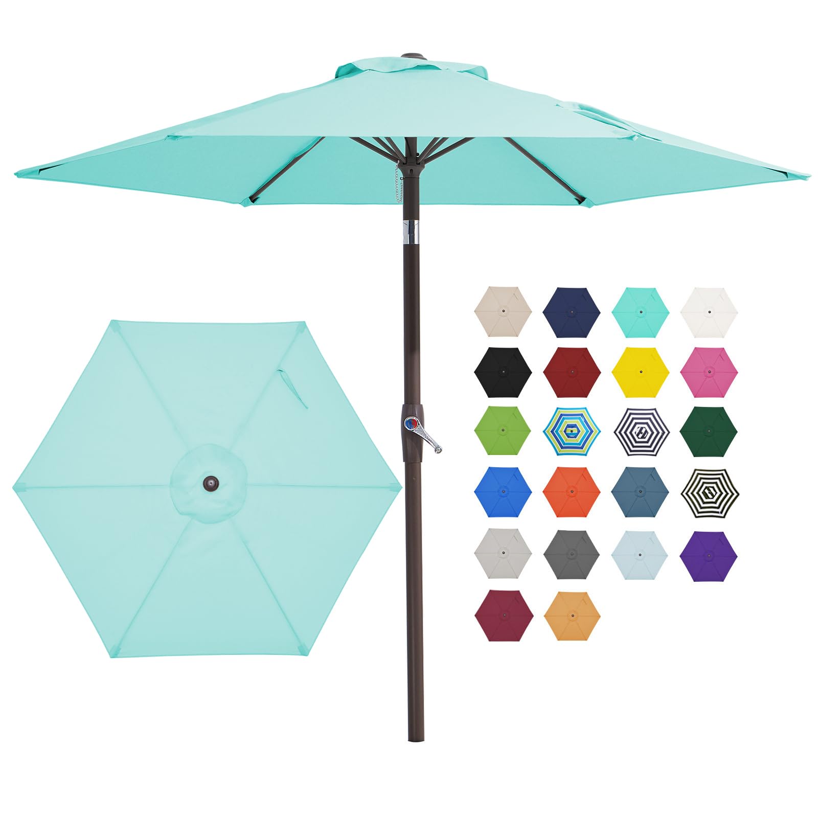 JEAREY teal blue patio umbrella open over seating area, providing shade.