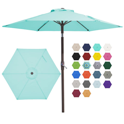 JEAREY teal blue patio umbrella open over seating area, providing shade.