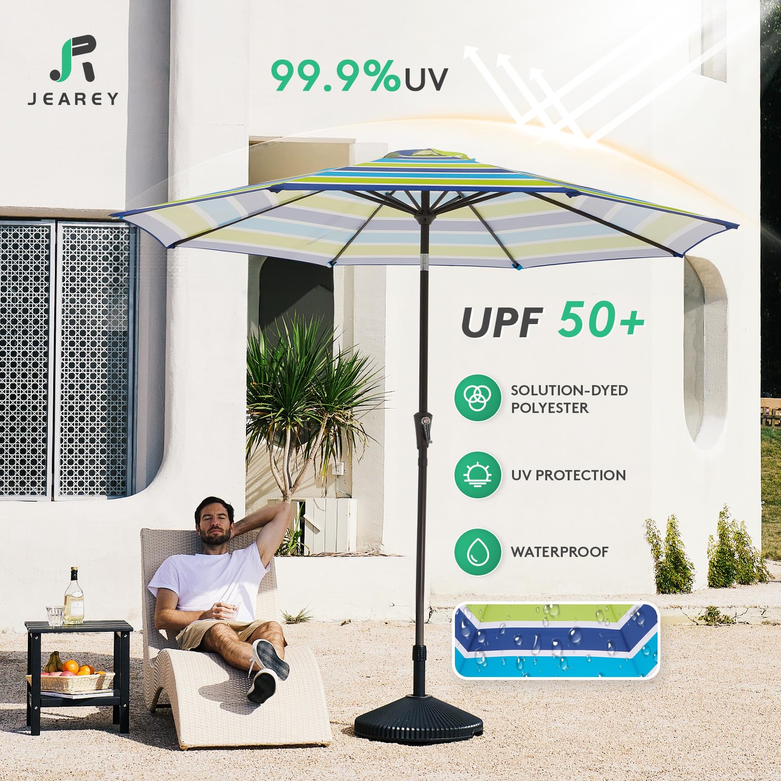 JEAREY 8-rib frame provides sturdy outdoor shade.