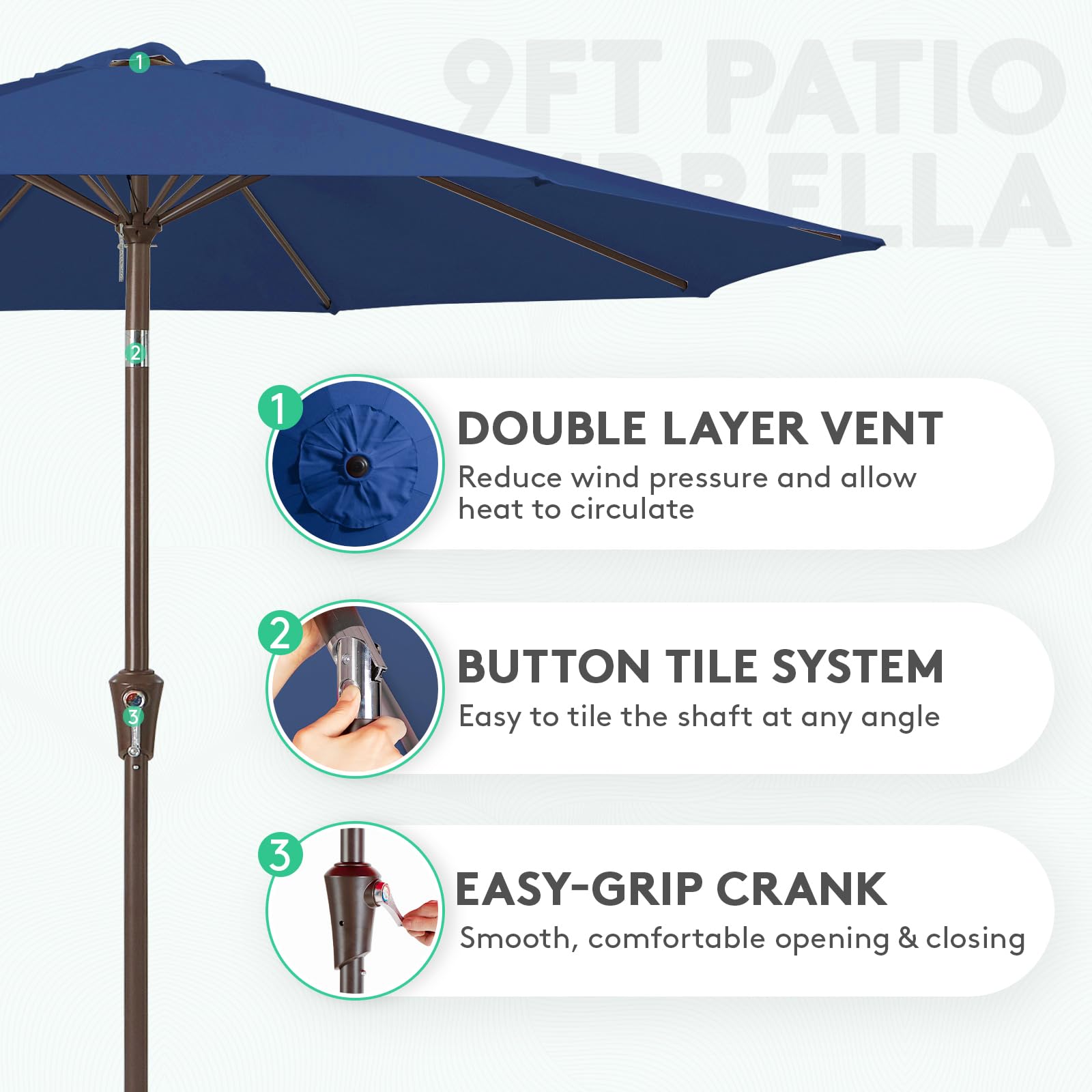 JEAREY umbrella crank-system makes opening easy for quick shade.