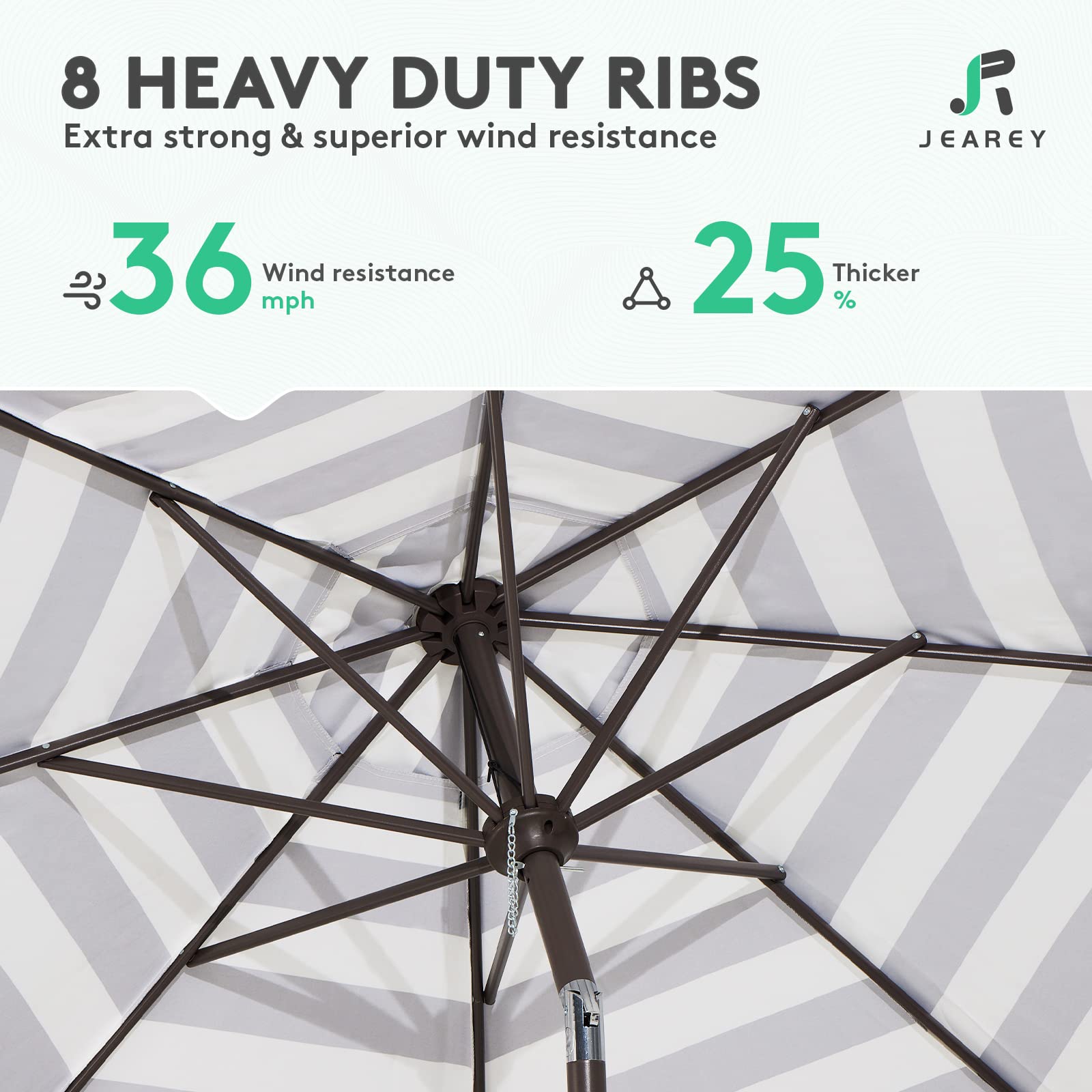 JEAREY eight-rib frame delivers sturdy support during wind